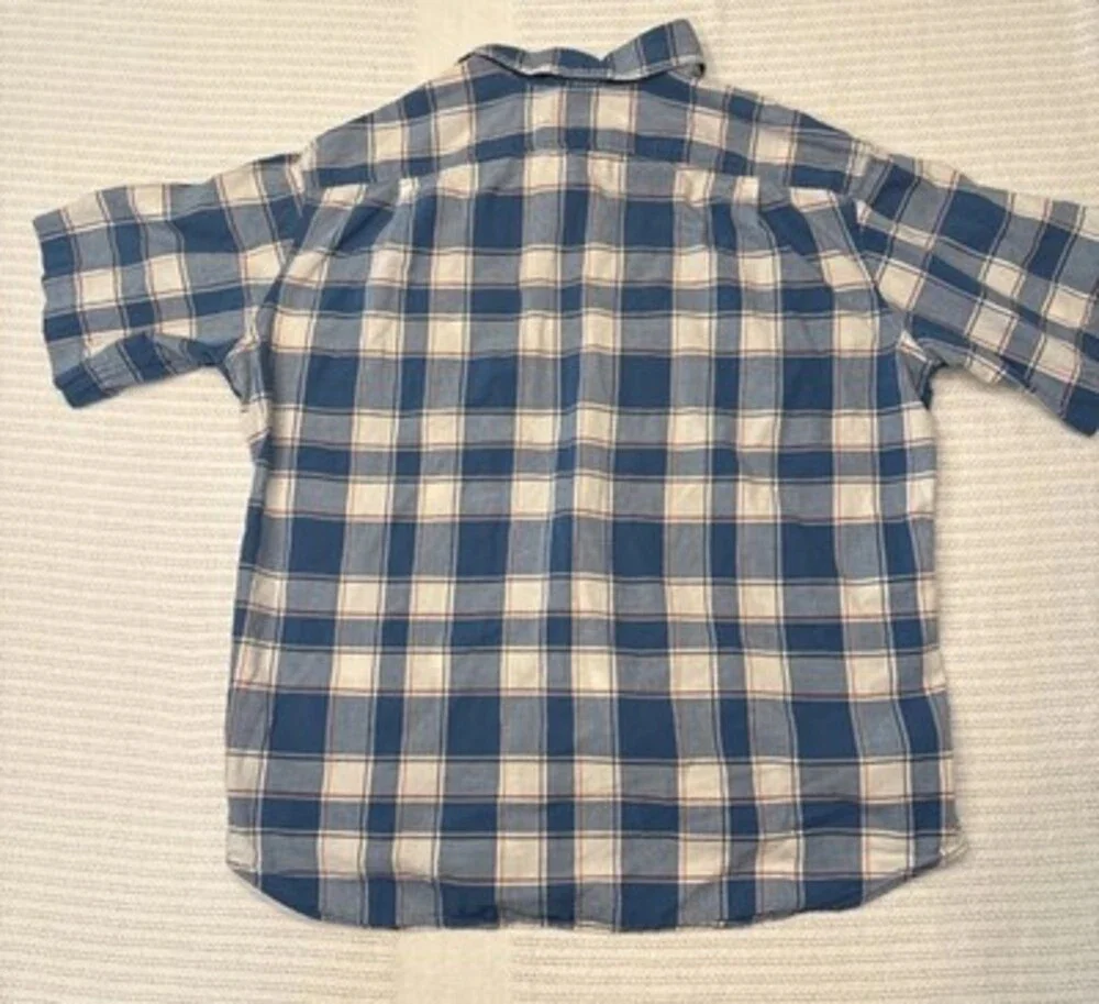 Eddie Bauer Shirt Men XL Blue Orange Check Short Sleeve Button Up
